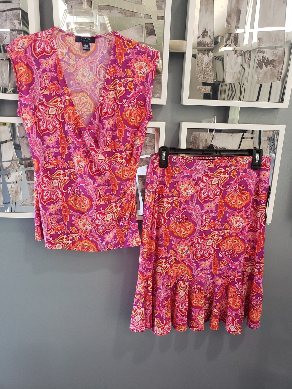 Chaps Pink Floral Print Skirt Set with Orange and Purple Accents